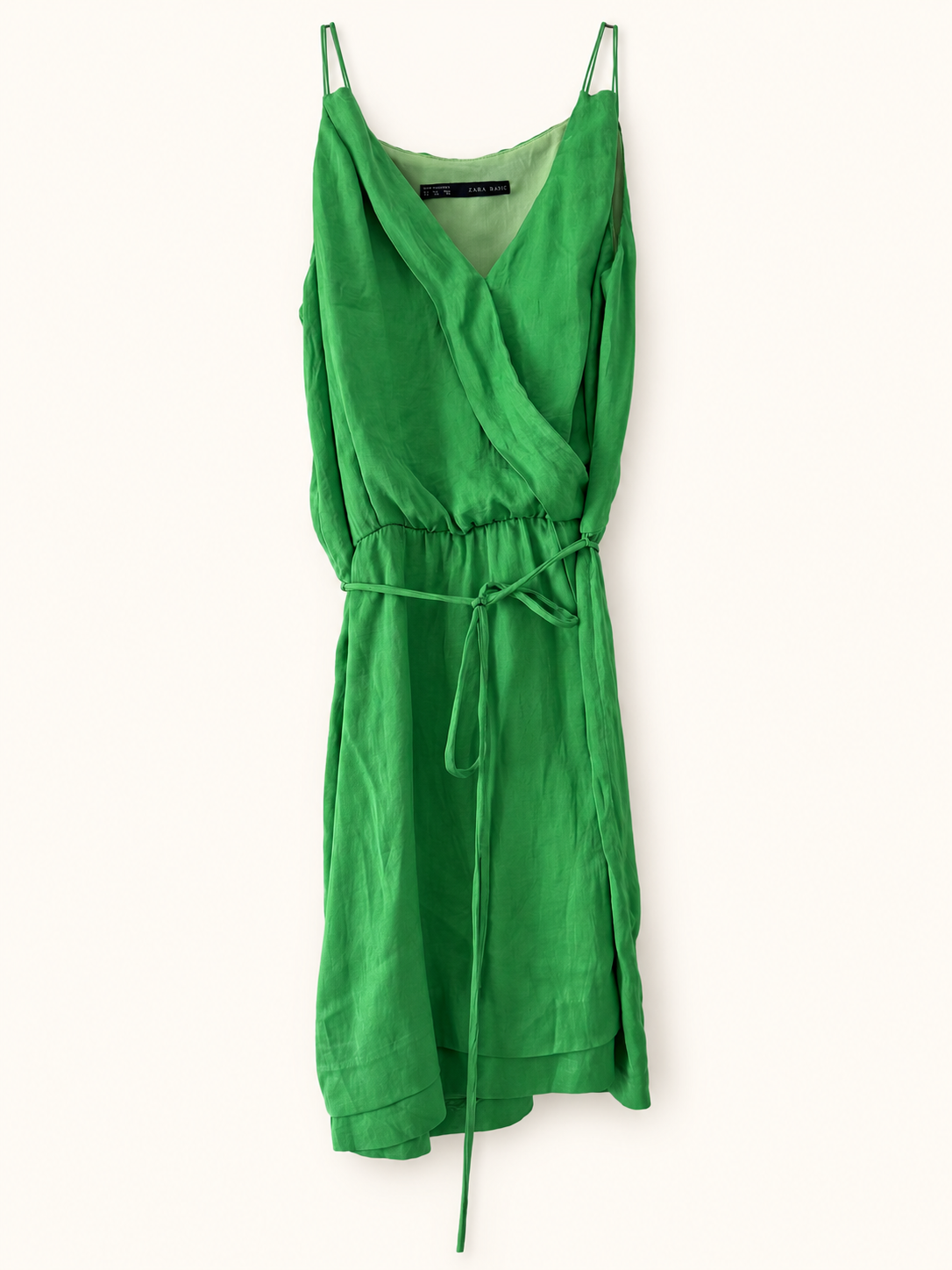 AI-edited garment-only front view of Zara Basic Green Strappy Wrap-Style Dress, based on the actual item photo