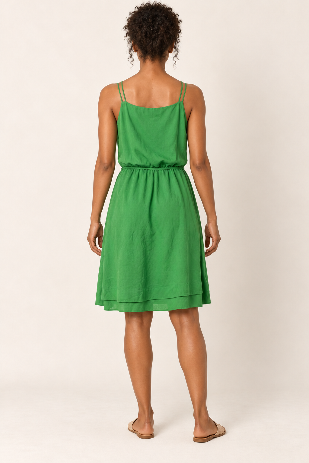 AI-generated rear model view of Zara Basic Green Strappy Wrap-Style Dress