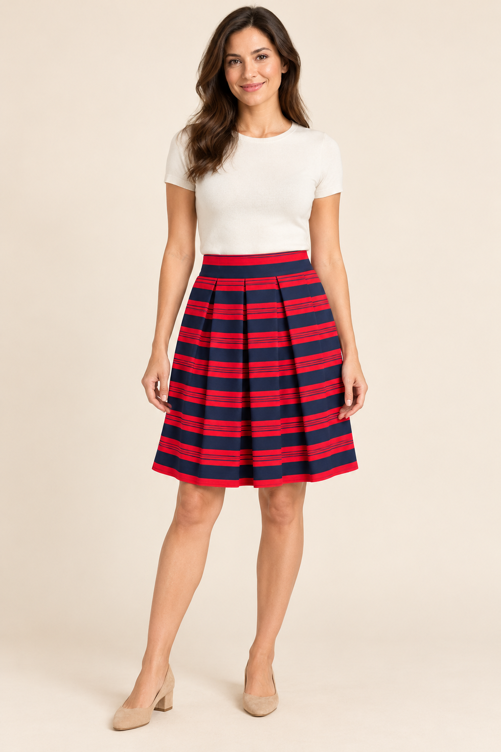 AI-generated front model view of Gap Red & Navy Striped Pleated Skirt, based on original photographs of the actual garment