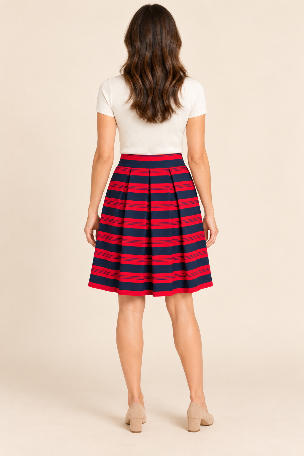 AI-generated rear model view of Gap Red & Navy Striped Pleated Skirt, based on original photographs of the actual garment