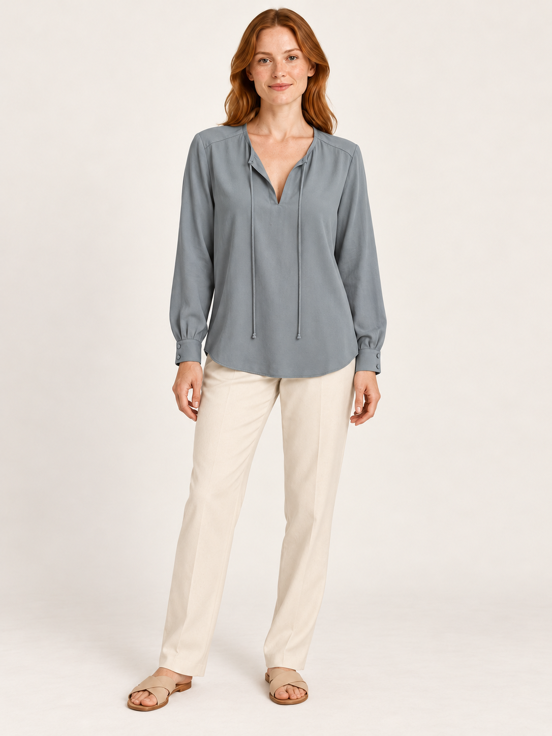 AI-generated front model view of H&M Grey-Blue Long-Sleeve Blouse