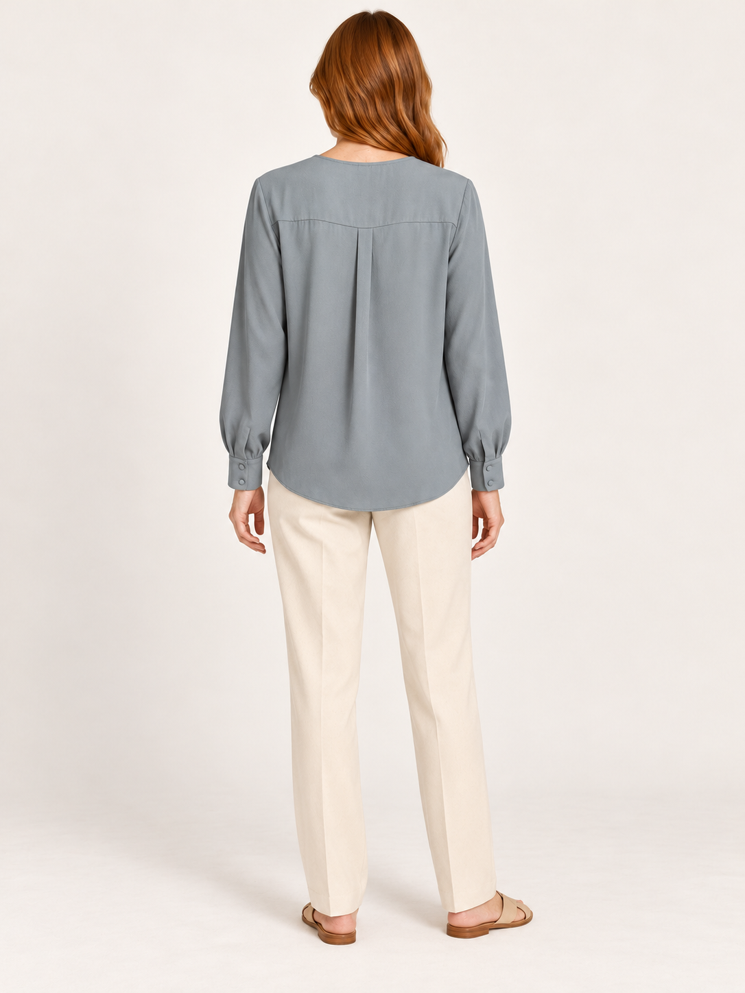 AI-generated rear model view of H&M Grey-Blue Long-Sleeve Blouse
