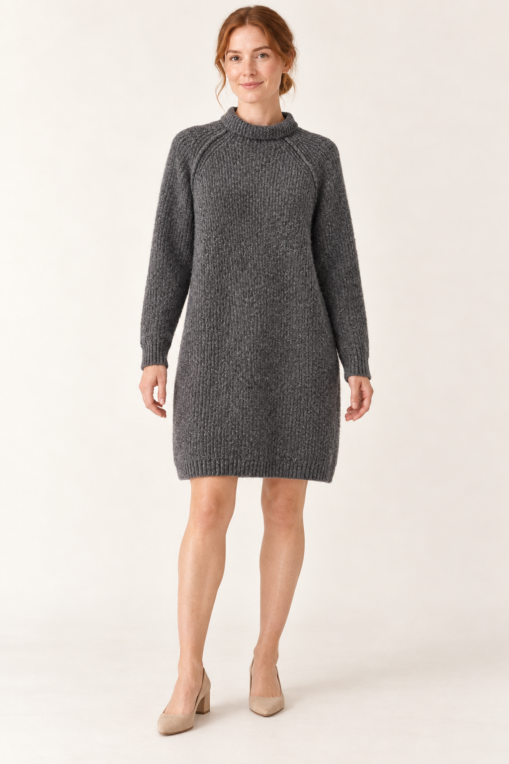 AI-generated front model view of H&M Charcoal Roll-Neck Knit Dress