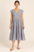 AI-generated model front view of Betty Basics Fine-Stripe Tiered Dress, based on the original actual garment photograph
