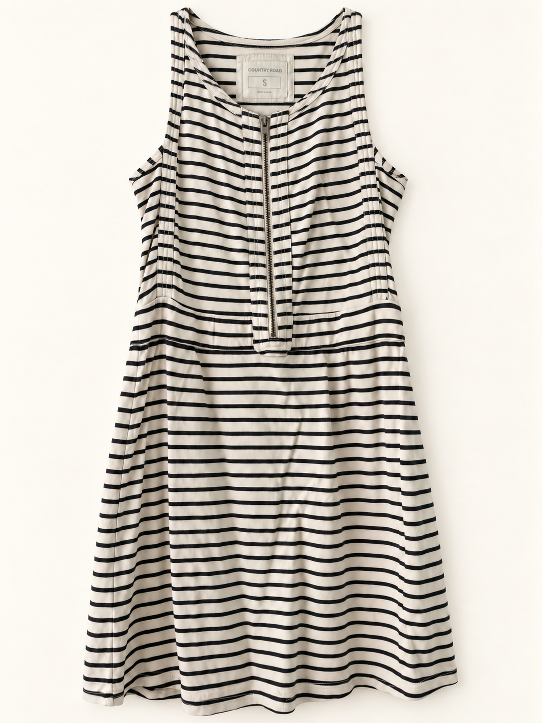 CR-0120, Country Road Black & Cream Striped Zip-Front Dress, AI-edited garment-only front view based on the actual item photograph; photographed neckline labels retained.