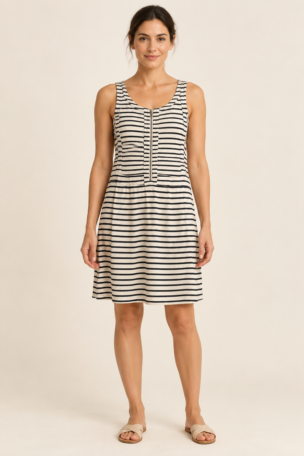 AI-generated model front view of Country Road Black & Cream Striped Zip-Front Dress, based on the original actual garment photograph