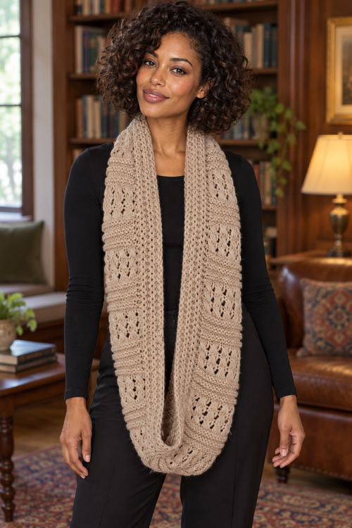 AI-generated model image of the Beige Openwork Knitted Loop Scarf, worn view