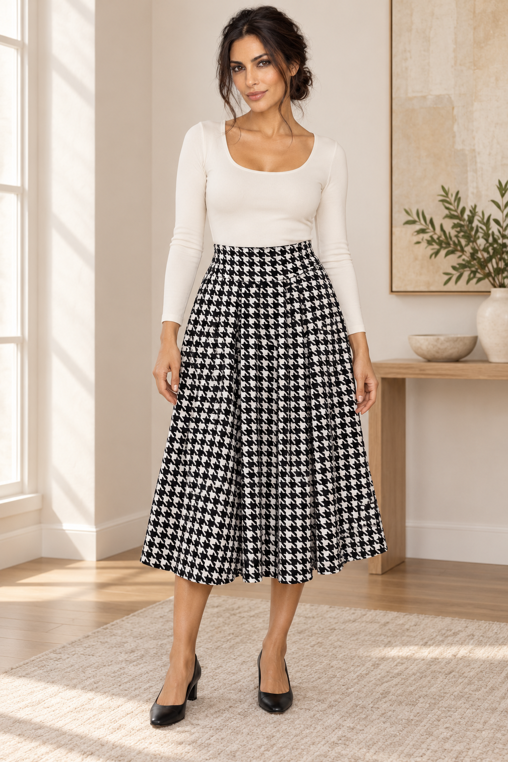 AI-generated model image of the Black & White Houndstooth Pleated Skirt, front view