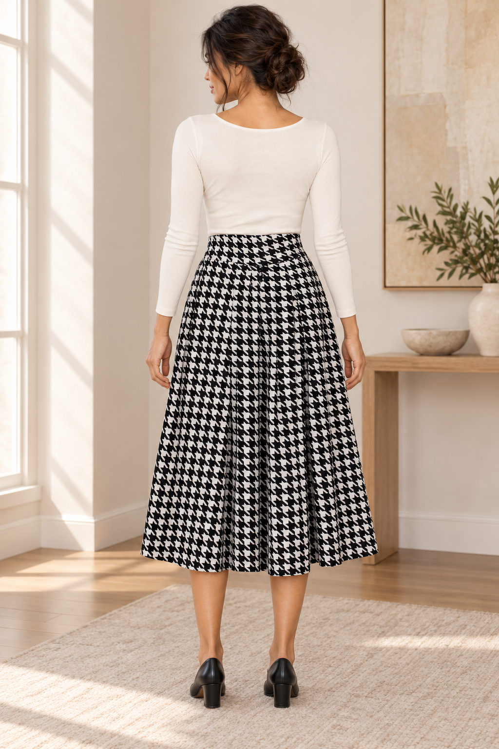 AI-generated model image of the Black & White Houndstooth Pleated Skirt, rear view