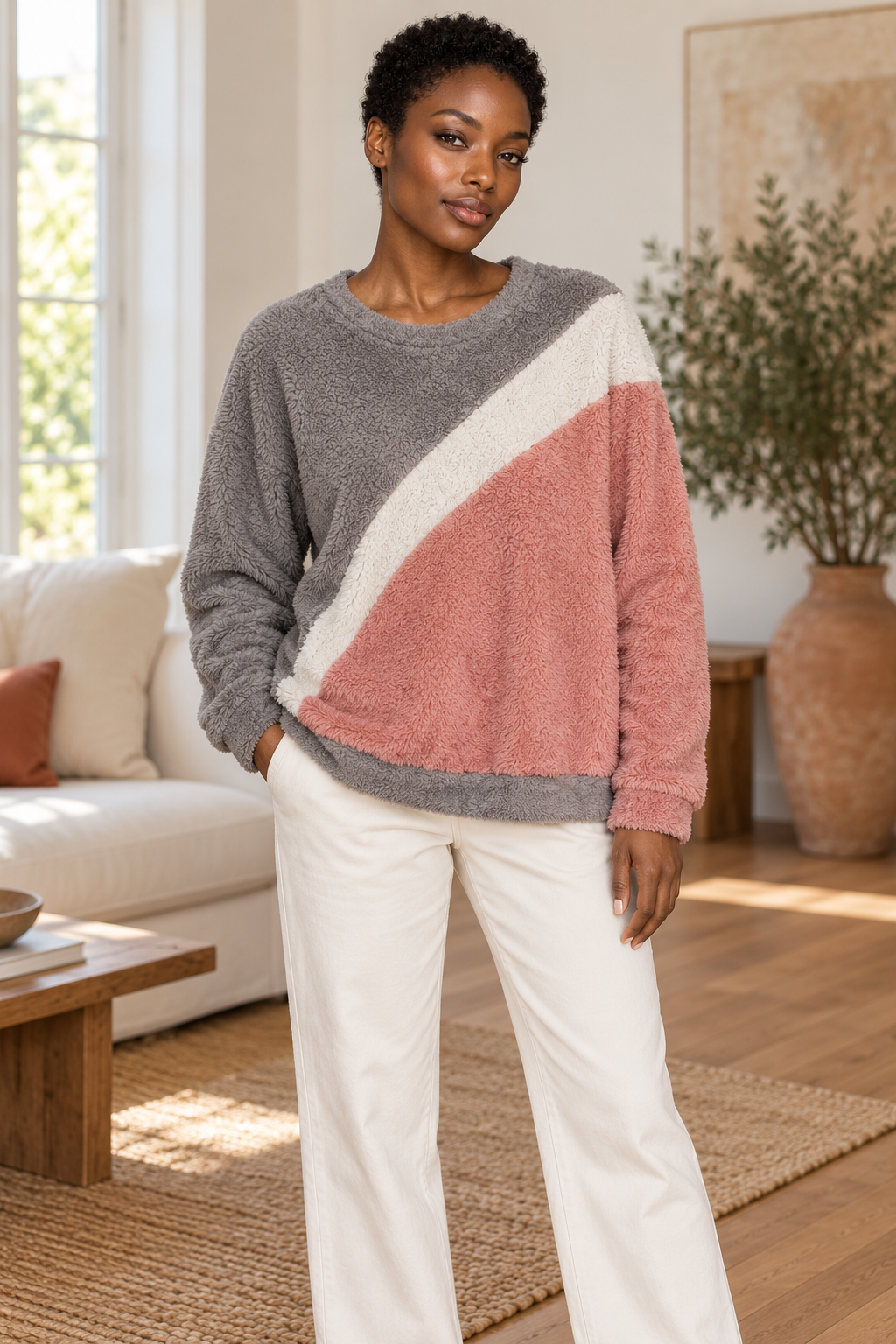 AI-generated model image of the Grey & Pink Diagonal Colour-Block Jumper, front view