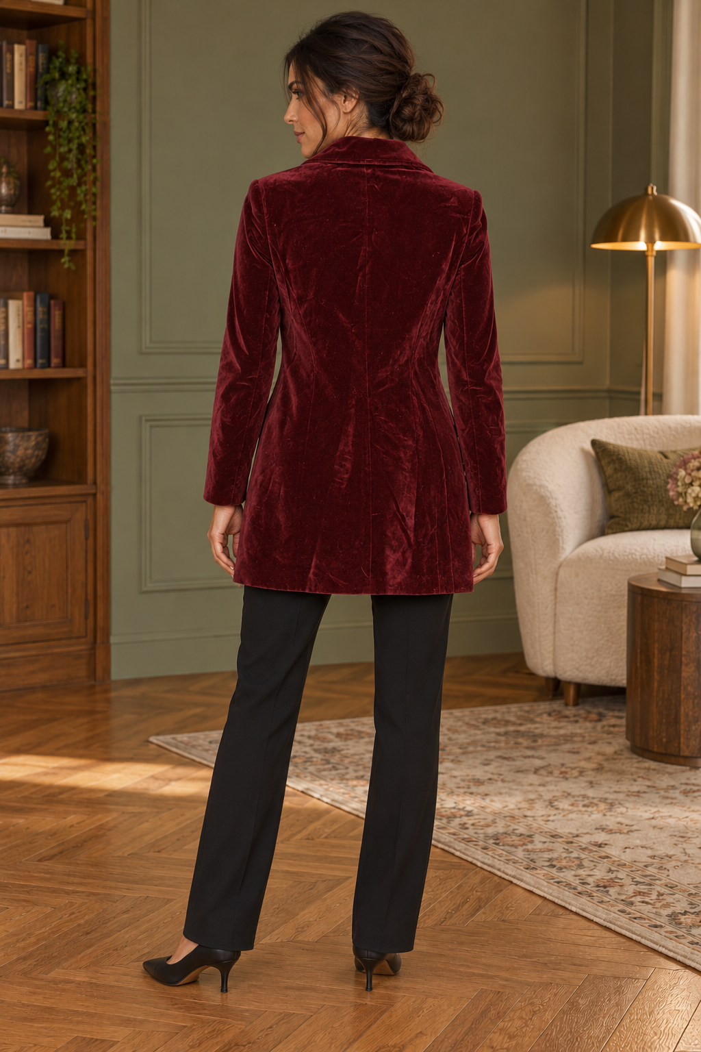 AI-generated model image of the BIBA Burgundy Velvet-Look Double-Breasted Coat, rear view